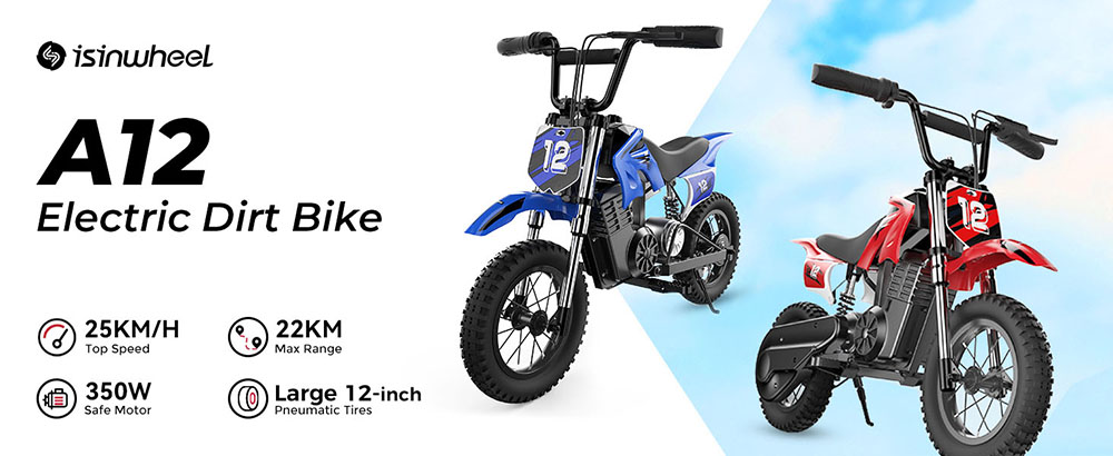 isinwheel A12 Kids Electric Dirt Bike, 350W Motor, 36V 5.2AH batéria, 12-palcové pneumatiky, max. rýchlosť 25 km/h, dojazd 22 km, 3 režimy rýchlosti, dvojité tlmiče nárazov, ručná brzda + parkovacia brzda na zadnom kolese - modrá