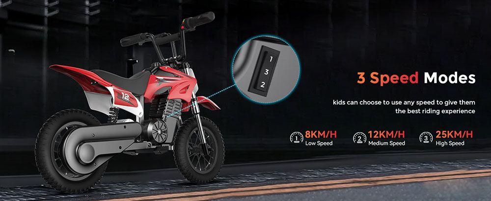 isinwheel A12 Kids Electric Dirt Bike, 350W Motor, 36V 5.2AH batéria, 12-palcové pneumatiky, max. rýchlosť 25 km/h, dojazd 22 km, 3 rýchlostné režimy, dvojité tlmiče, ručná brzda + parkovacia brzda na zadnom kolese - modrá