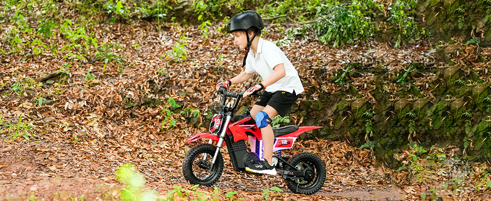 isinwheel A12 Kids Electric Dirt Bike, 350W motor, 36V 5.2AH batéria, 12-palcové pneumatiky, max. rýchlosť 25 km/h, dojazd 22 km, 3 rýchlostné režimy, dvojité tlmiče, ručná brzda + parkovacia brzda na zadnom kolese - modrá