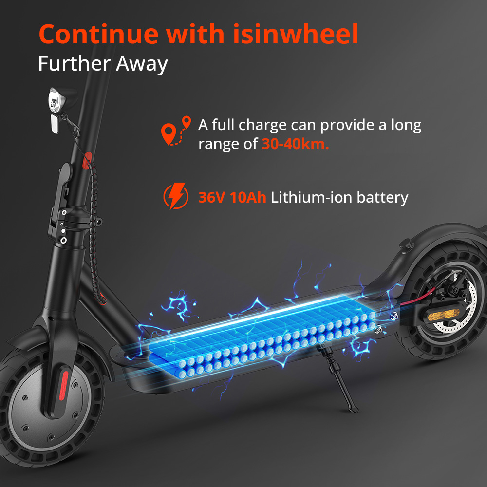 isinwheel E9T Max Electric Scooter ABE Version, 500W motor, 36V 10Ah batéria, 10-palcové pneumatiky, max. rýchlosť 20 km/h, dojazd 40 km, kotúčová brzda, zadné tlmiče