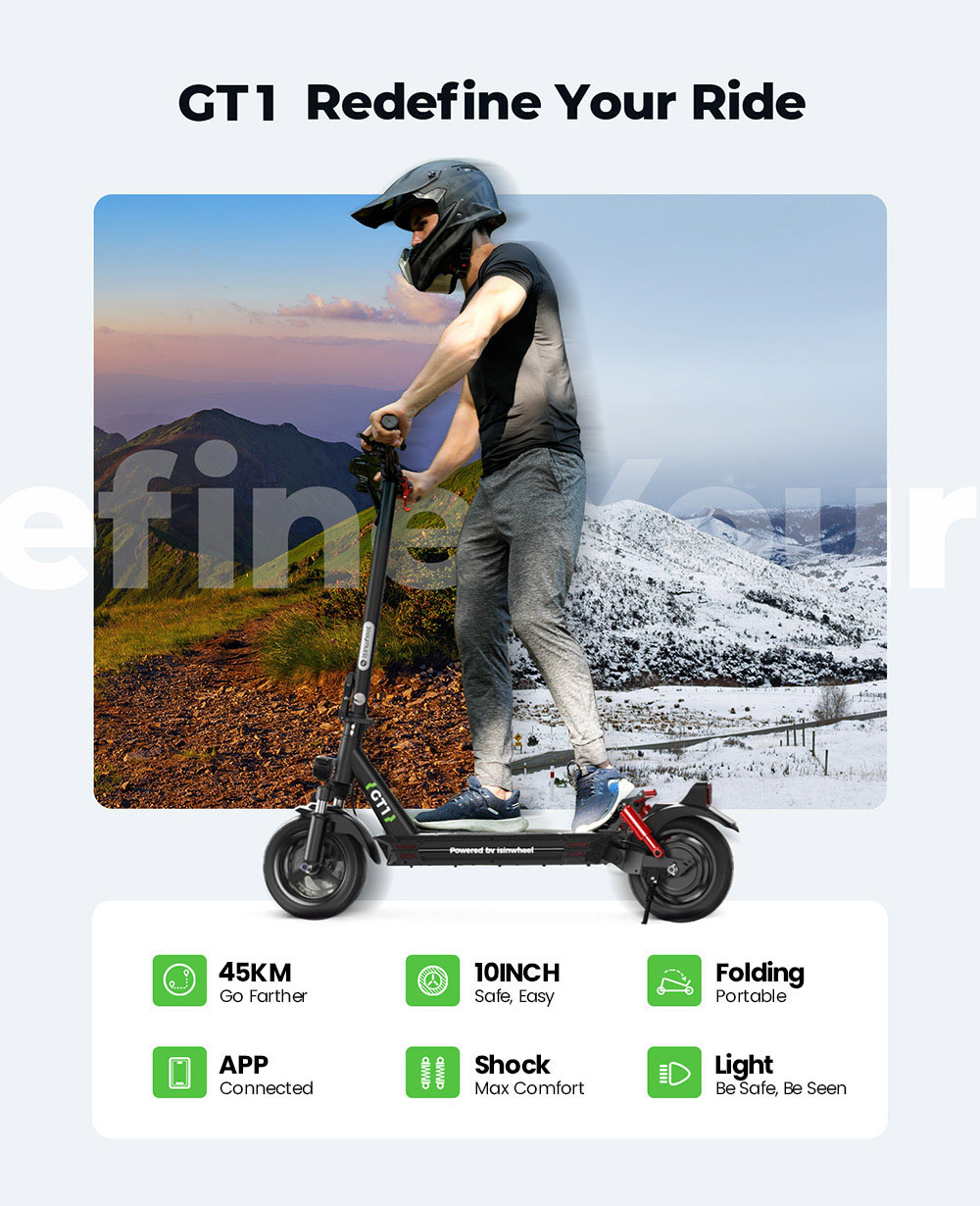 isinwheel GT1 Electric Scooter, 800W motor, 48V 10Ah batéria, 10-palcová terénna pneumatika, max. rýchlosť 45 km/h, dojazd 45 km, kotúčové brzdy, predné & zadné tlmiče, max. zaťaženie 150 kg, ovládanie aplikácií