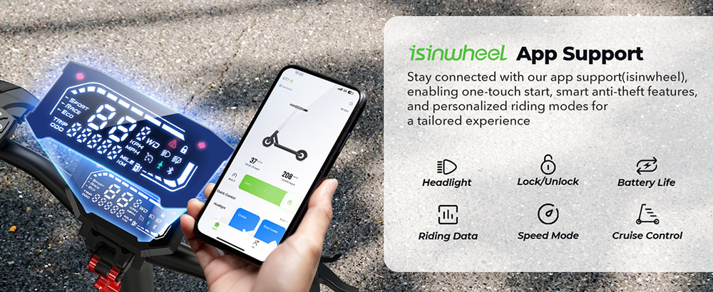 isinwheel GT1 Electric Scooter, 800W motor, 48V 10Ah batéria, 10-palcová terénna pneumatika, max. rýchlosť 45 km/h, dojazd 45 km, kotúčové brzdy, predné a zadné tlmiče, max. zaťaženie 150 kg, ovládanie aplikácie