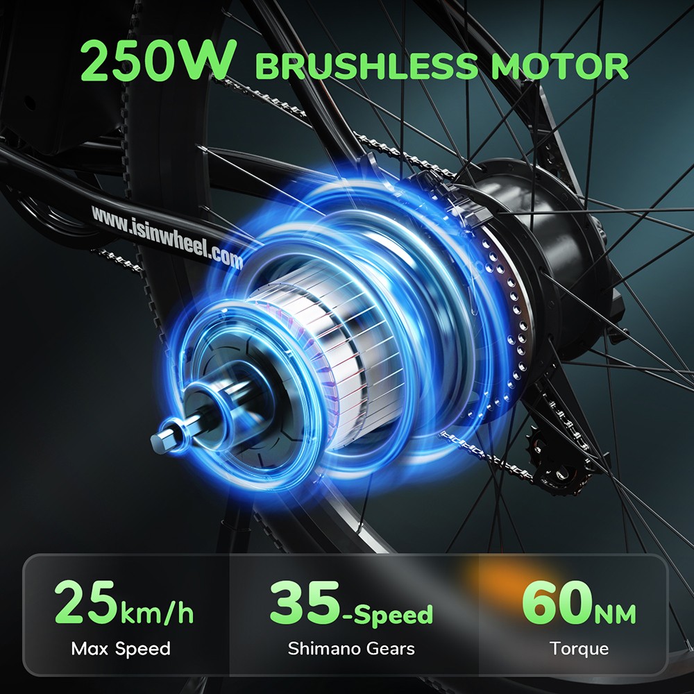 isinwheel M10 Electric Bike, 250W Motor, 36V 10.4Ah batéria, 26*1.95-palcové pneumatiky, max. rýchlosť 25 km/h, dojazd 100 km, kotúčové brzdy, hydraulické odpruženie vidlice, LCD displej - čierny