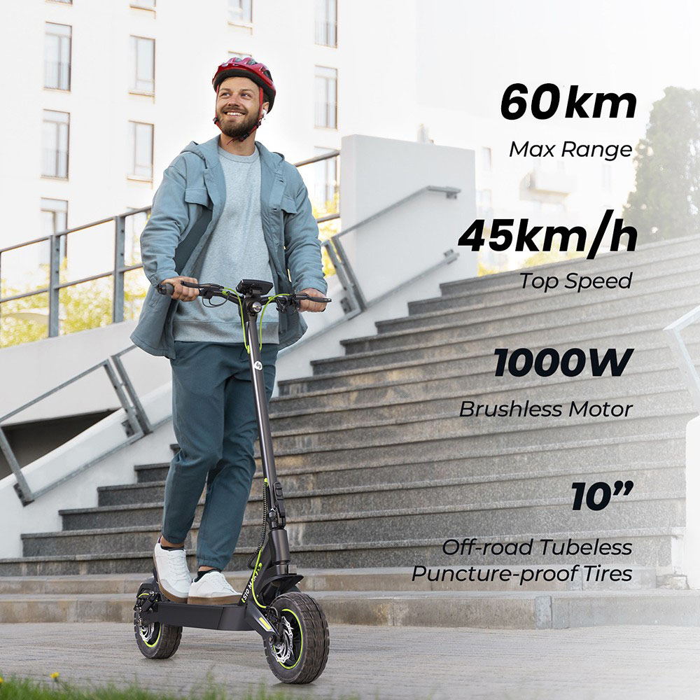 isinwheel S10MAX Electric Scooter, 1000W motor, 48V 15Ah batéria, 10-palcové terénne pneumatiky, max. rýchlosť 45 km/h, dojazd 60 km, predné a zadné kotúčové brzdy, predné a zadné dvojité tlmiče