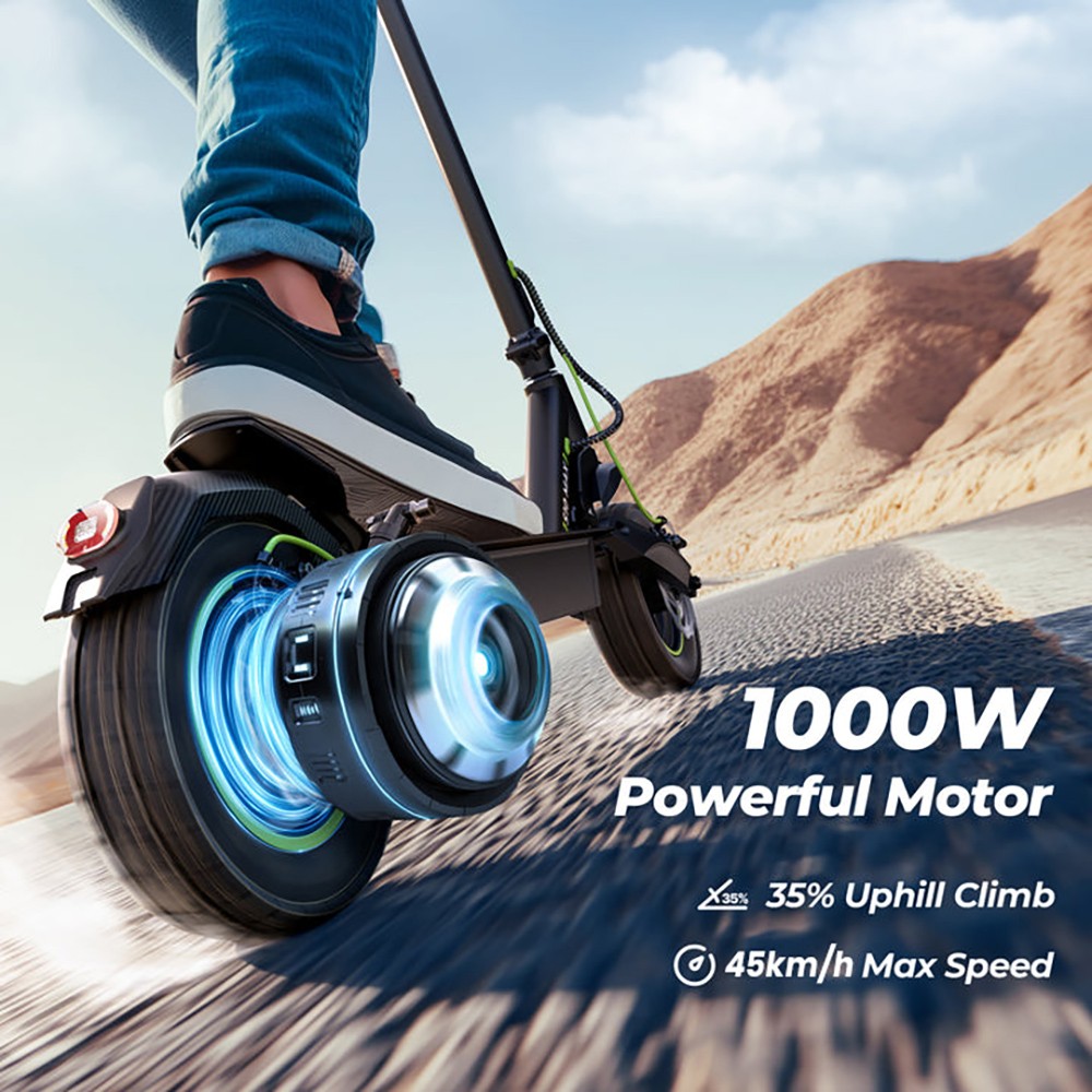 isinwheel S10MAX Electric Scooter, 1000W motor, 48V 15Ah batéria, 10-palcové terénne pneumatiky, max. rýchlosť 45 km/h, dojazd 60 km, predné a zadné kotúčové brzdy, predné a zadné dvojité tlmiče