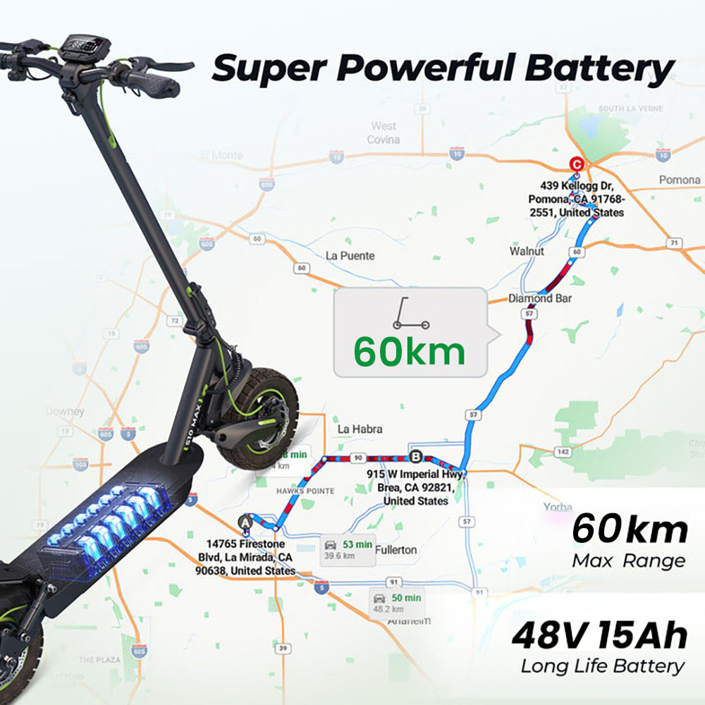 isinwheel S10MAX Electric Scooter, 1000W motor, 48V 15Ah batéria, 10-palcové terénne pneumatiky, max. rýchlosť 45 km/h, dojazd 60 km, predné a zadné kotúčové brzdy, predné a zadné dvojité tlmiče