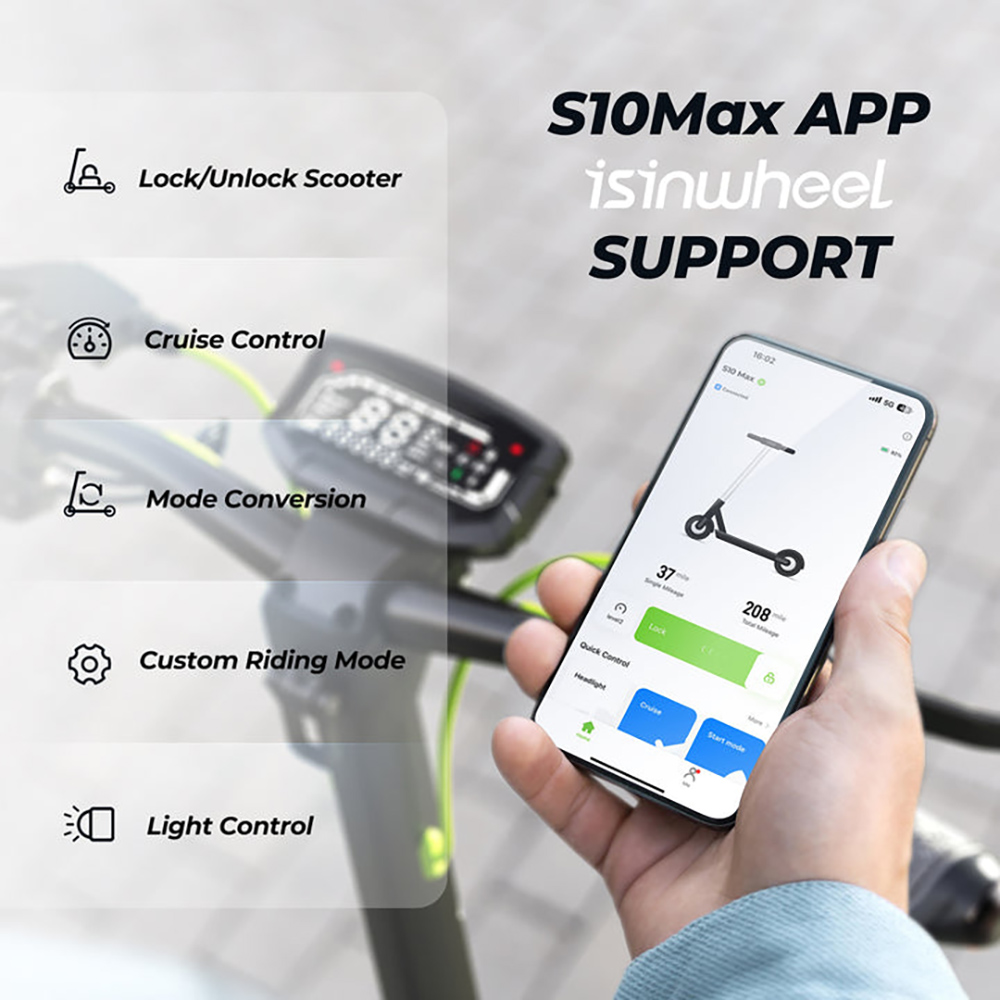 isinwheel S10MAX Electric Scooter, 1000W motor, 48V 15Ah batéria, 10-palcové terénne pneumatiky, max. rýchlosť 45 km/h, dojazd 60 km, predné a zadné kotúčové brzdy, predné a zadné dvojité tlmiče