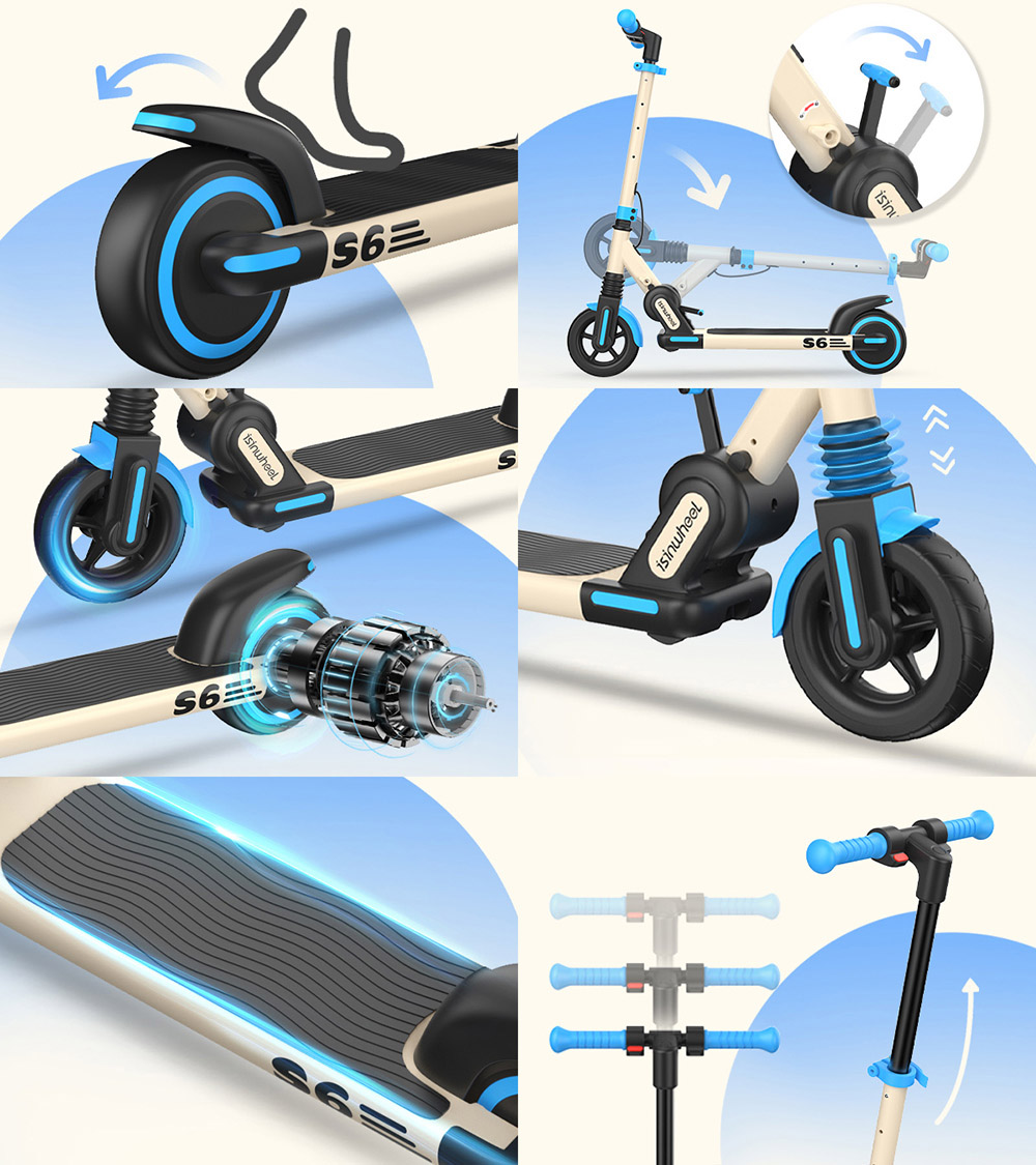 isinwheel S6 Kids Folding Electric Scooter, 150W motor, 21,6V 5Ah batéria, 6,5-palcové pneumatiky, max. rýchlosť 15 km/h, dojazd 15 km, zadný blatník a brzda; elektronická brzda, nastaviteľná výška - modrá