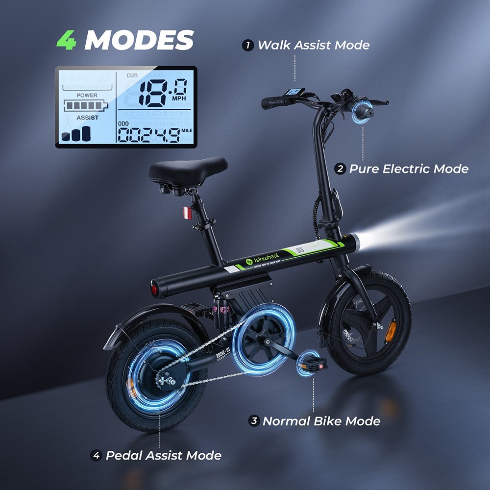 isinwheel U1 Portable Electric Bike, 250W Motor, 36V 7,8Ah Battery, 14*1.95'' pneumatiky, max. rýchlosť 25 km/h, max. dojazd 45 km, predné & zadné kotúčové brzdy, zadný tlmič, LCD displej - čierny