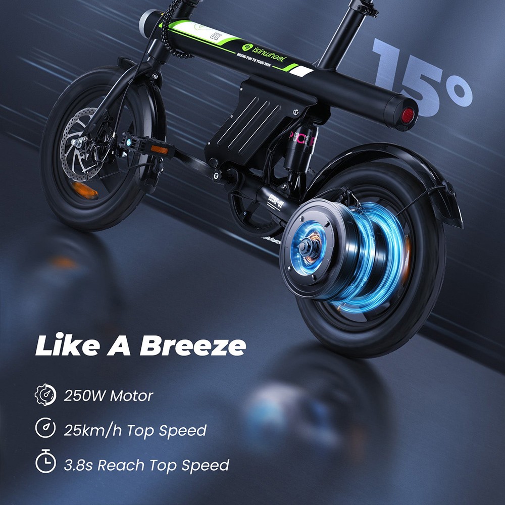 isinwheel U1 Portable Electric Bike, 250W Motor, 36V 7,8Ah batéria, 14*1.95'' pneumatiky, max. rýchlosť 25 km/h, max. dojazd 45 km, predné & zadné kotúčové brzdy, zadný tlmič, LCD displej - čierny