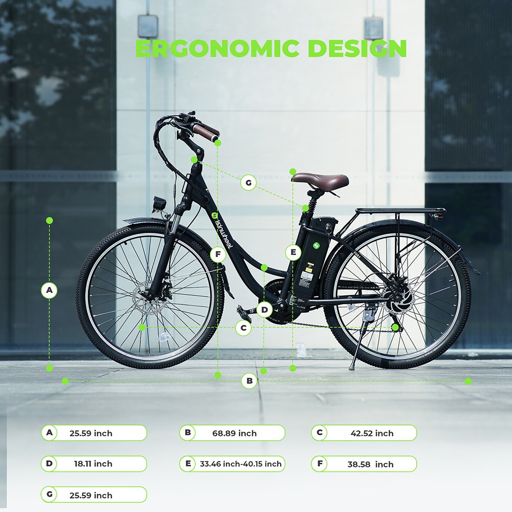 isinwheel U2 Electric Bike, 350W Motor, 36V 13Ah Battery, 26*1.95-palcové pneumatiky, max. rýchlosť 25 km/h, dojazd 75 km, mechanické kotúčové brzdy, predné odpruženie, 7-rýchlostný prevod SHIMANO, LCD displej - čierny