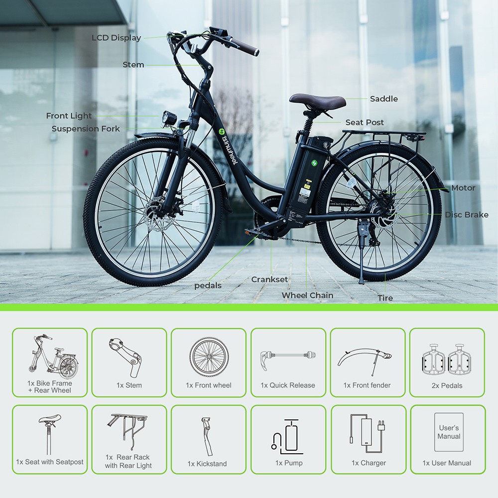 isinwheel U2 Electric Bike, 350W motor, 36V 13Ah batéria, 26*1,95-palcové pneumatiky, max. rýchlosť 25km/h, dojazd 75km, mechanické kotúčové brzdy, predné odpruženie, 7-rýchlostný SHIMANO, LCD displej - čierny