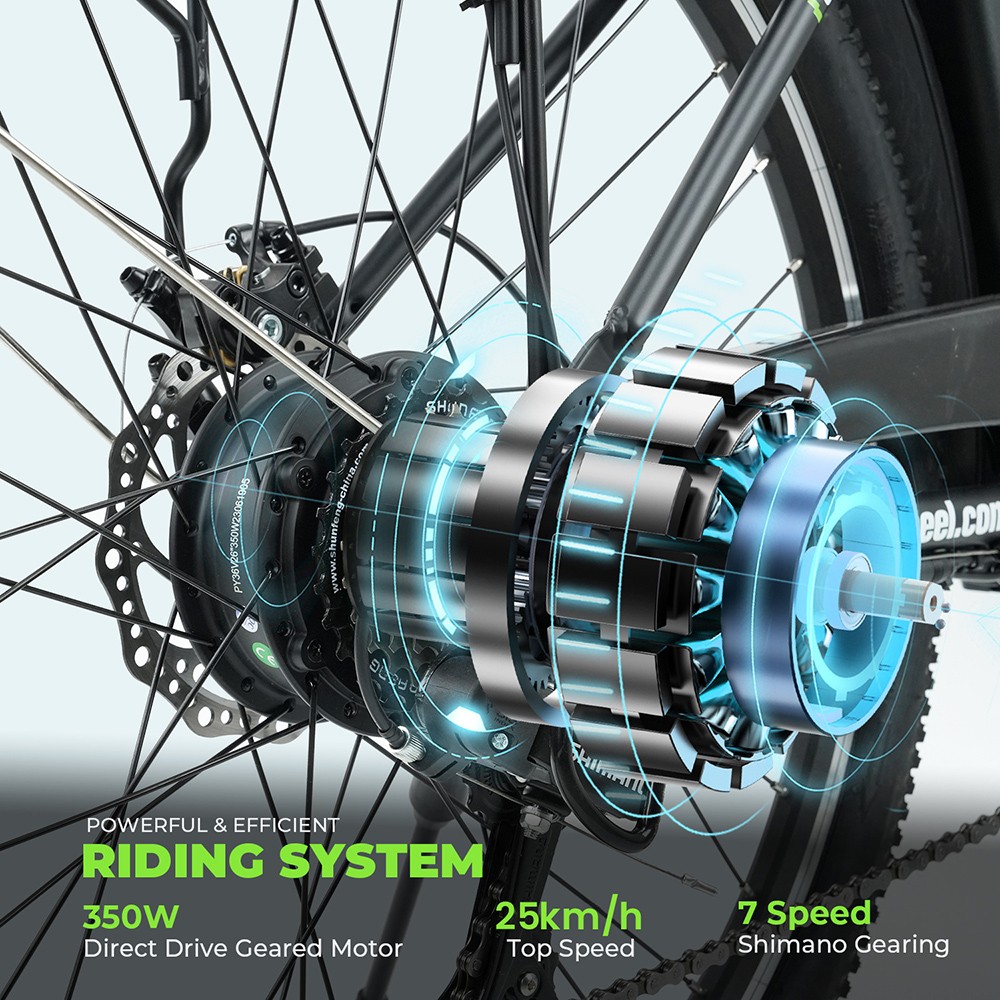 isinwheel U2 Electric Bike, 350W Motor, 36V 13Ah Battery, 26*1.95-palcové pneumatiky, max. rýchlosť 25 km/h, dojazd 75 km, mechanické kotúčové brzdy, predné odpruženie, 7-rýchlostný prevod SHIMANO, LCD displej - čierny