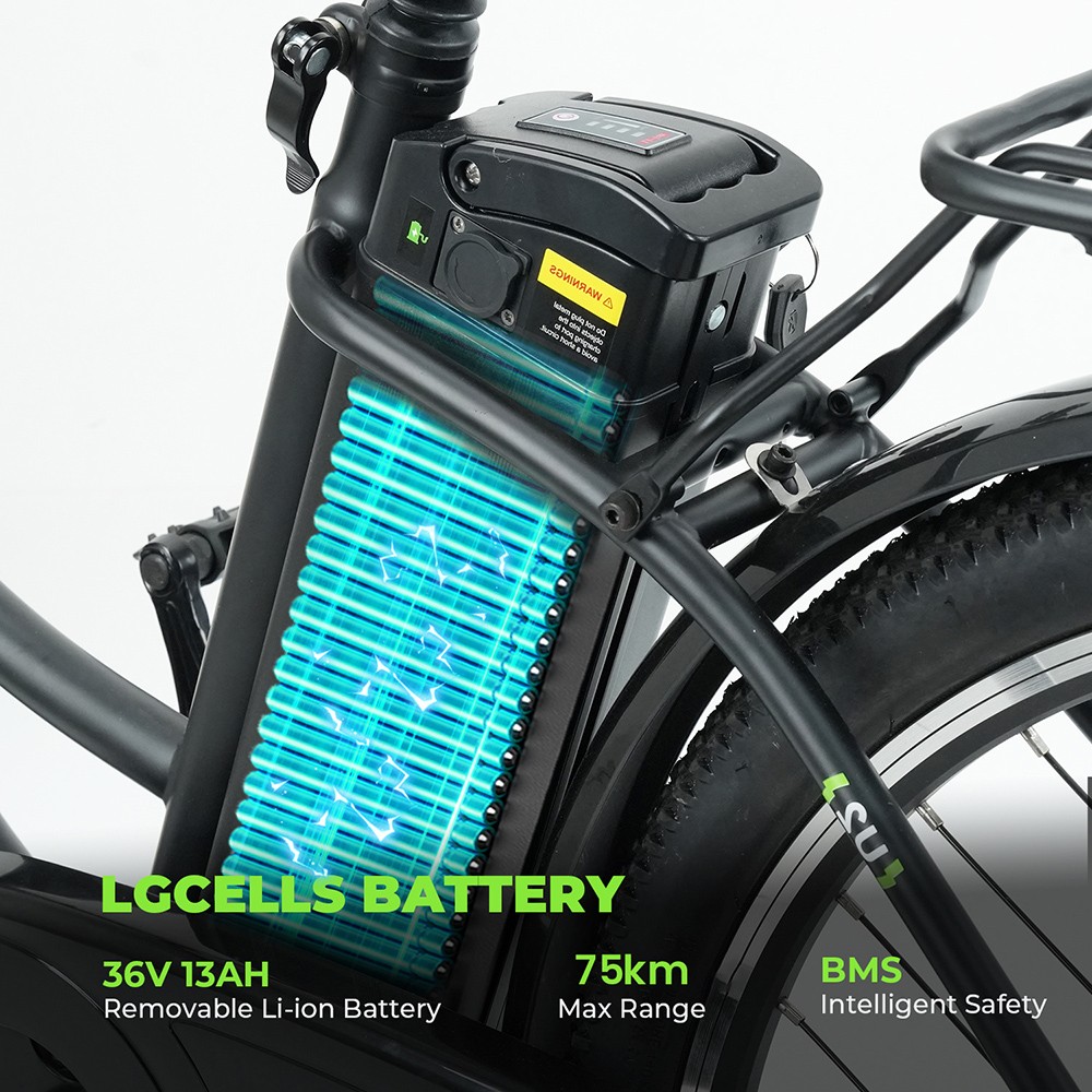 isinwheel U2 Electric Bike, 350W Motor, 36V 13Ah Battery, 26*1.95-palcové pneumatiky, max. rýchlosť 25 km/h, dojazd 75 km, mechanické kotúčové brzdy, predné odpruženie, 7-rýchlostný prevod SHIMANO, LCD displej - čierny