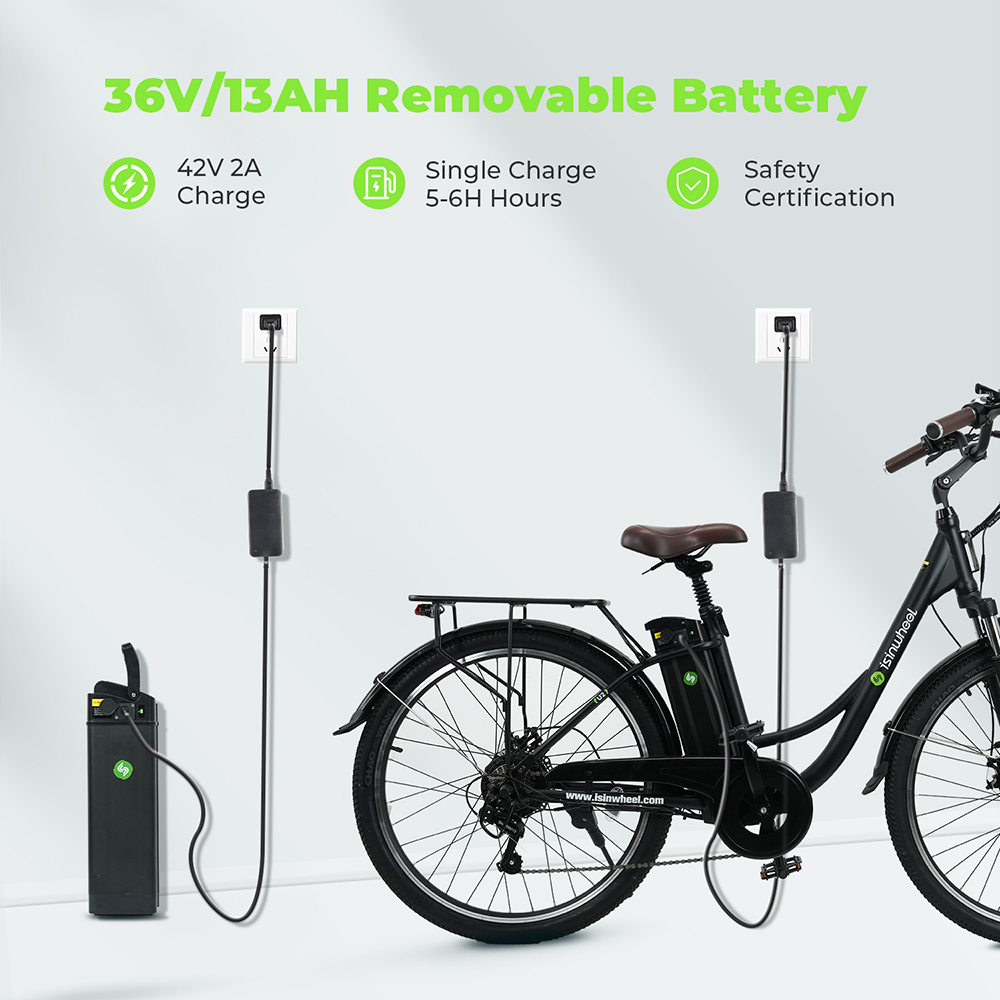 isinwheel U2 Electric Bike, 350W Motor, 36V 13Ah Battery, 26*1.95-palcové pneumatiky, max. rýchlosť 25 km/h, dojazd 75 km, mechanické kotúčové brzdy, predné odpruženie, 7-rýchlostný prevod SHIMANO, LCD displej - čierny