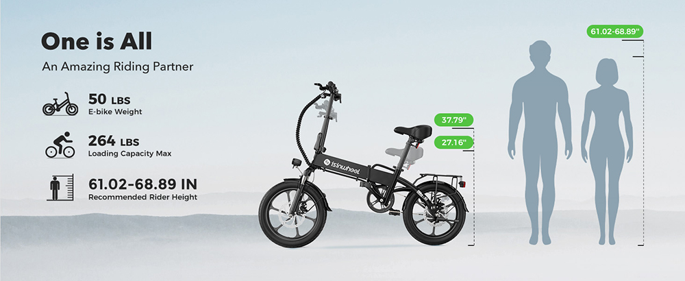 isinwheel U3 Electric Bike, 500W Motor, 36V 7.8Ah Battery, 16*1.75-palcové pneumatiky, max. rýchlosť 25 km/h, dojazd 55 km, predné a zadné hydraulické kotúčové brzdy, predné odpruženie, LCD displej - čierny