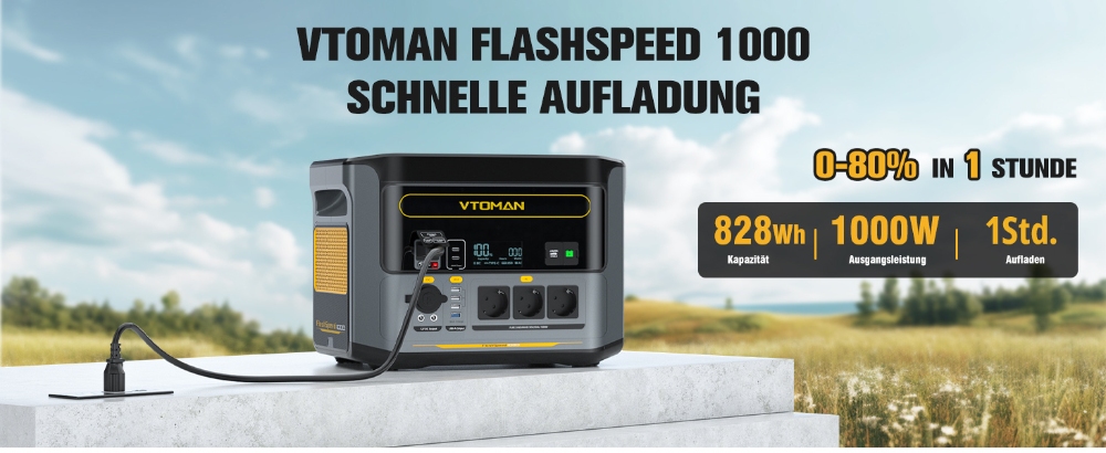 Tragbares Kraftwerk VTOMAN Flashspeed 1000, 1000W (2000W Spitze), 828Wh LiFePO4-Akku, mit AC/USB/DC-Ausgangsanschl&uuml;ssen
