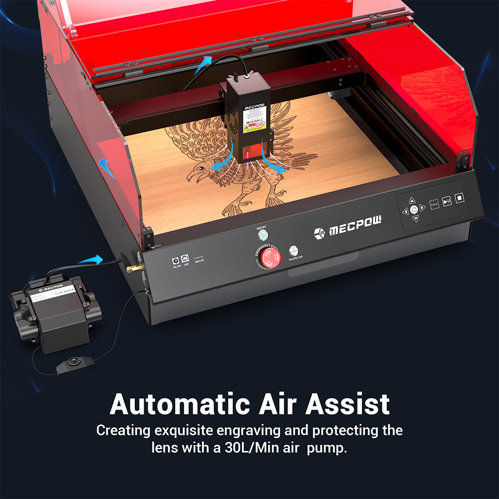 Mecpow X4 Pro 22W Laser Engraver Cutter, with Protective Cover & Integrated Air Assist, 0.08x0.1mm Laser Spot, 22000mm/min Engraving Speed, Emergency Stop, Offline Work, Support LightBurn/ LaserGRBL/ MKSLaser, 410*400mm