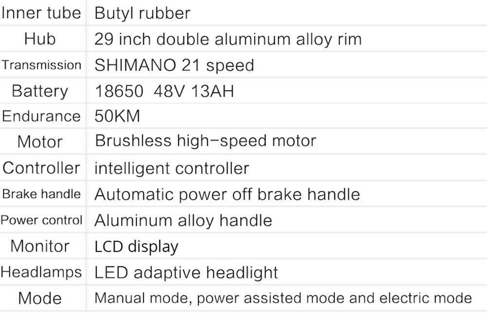 AKEZ 29'' elektrobicykel, 1000W motor, 48V 13AH batéria, 29*2,15-palcové pneumatiky, max. rýchlosť 45 km/h, dojazd 50 km, duálne mechanické kotúčové brzdy, predná odpružená vidlica, Shimano 21 rýchlostí, LCD displej - čierny