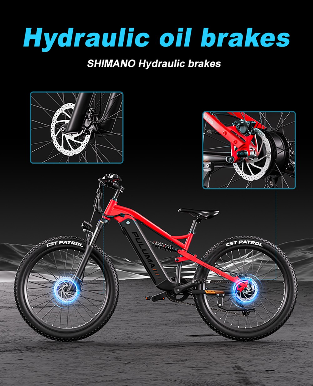 PULUMA PH001 Elektrofahrrad, 500-W-Motor, 48-V-20-Ah-Akku, 27,5 x 2,8-Zoll-Reifen, 40 km/h H&ouml;chstgeschwindigkeit, 150 km Reichweite, hydraulische &Ouml;lbremsen, Sto&szlig;d&auml;mpfergabel, 9-Gang-Umwerfer, LCD-Display &ndash; Schwarz Rot