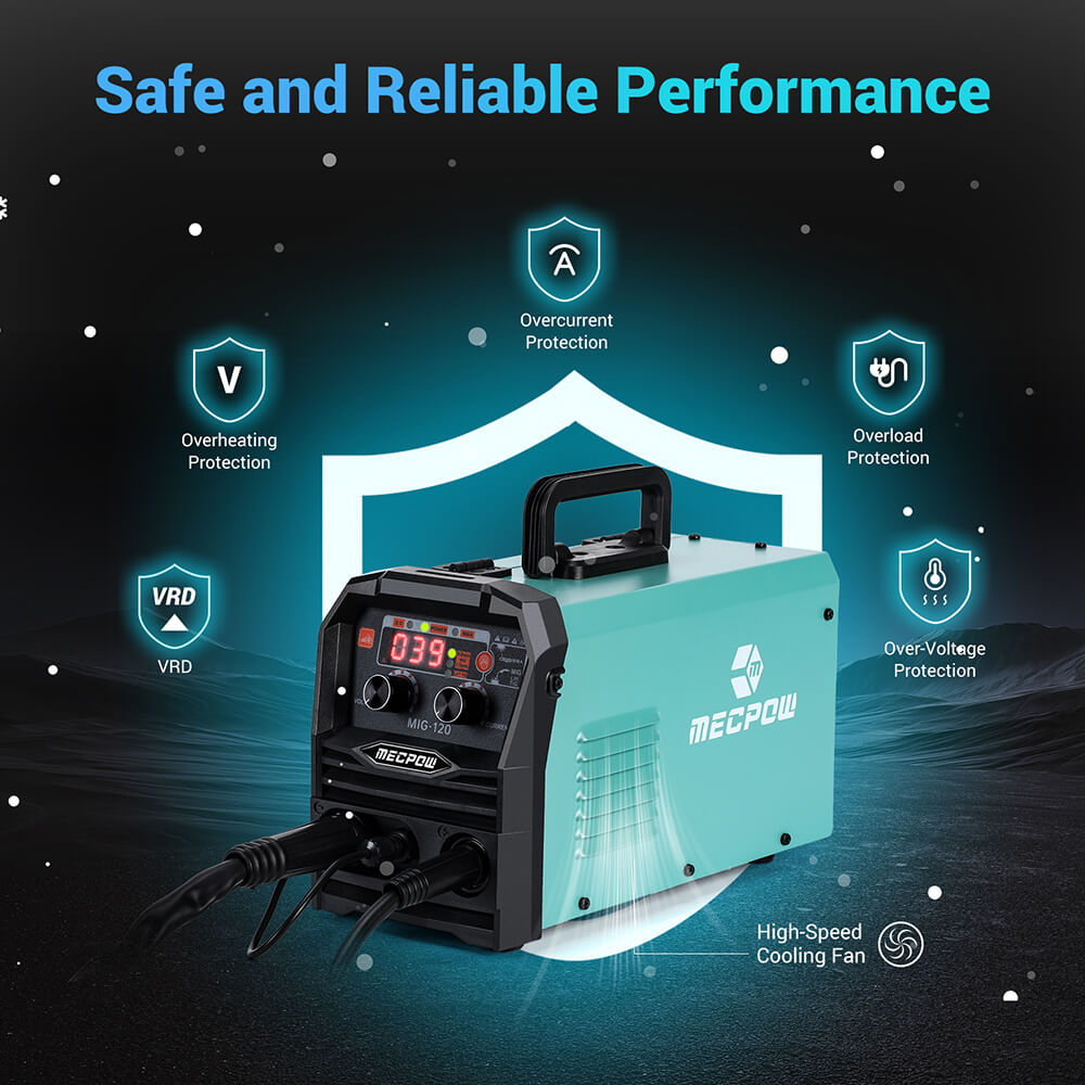 Poste &agrave; souder sans gaz Mecpow MIG120, 110 V, MIG/MMA/LIFT TIG 3 en 1, protection contre la surchauffe/surintensit&eacute;/surcharge/surtension, &eacute;cran LCD