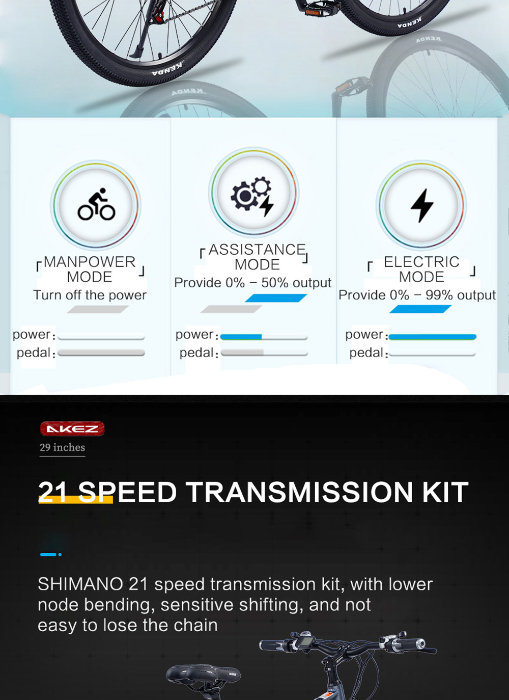 AKEZ 29'' elektrický bicykel, 1000W motor, 48V 13AH batéria, 29*2.15-palcové pneumatiky, max. rýchlosť 45 km/h, dojazd 50 km, dvojité mechanické kotúčové brzdy, predná odpružená vidlica, Shimano 21 rýchlostí, LCD displej - čierny