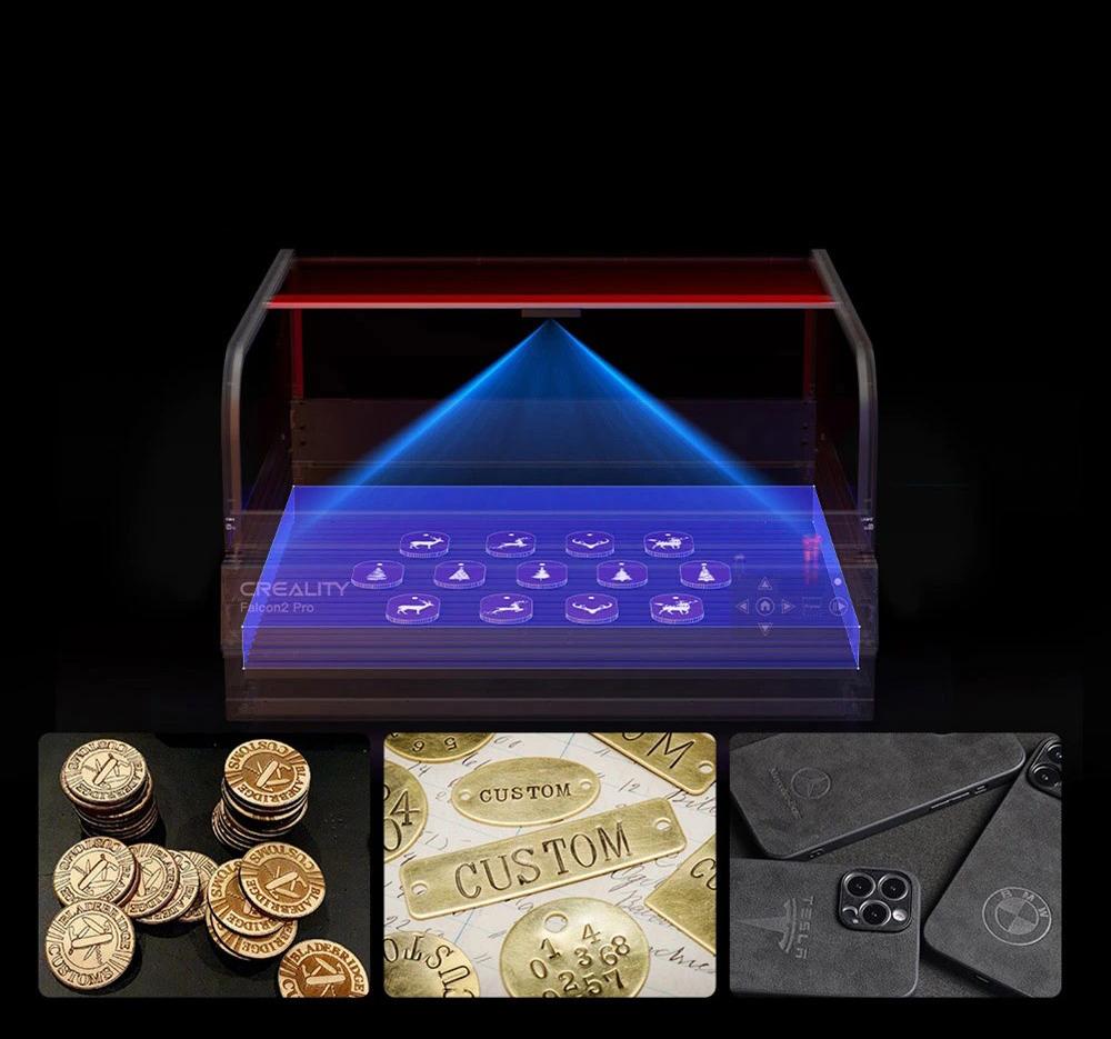 Creality Falcon2 Pro Lasergravierer- und Schneideger&auml;t 40 W, integrierte Luftunterst&uuml;tzung, gew&ouml;lbte sichtbare Abdeckung, eingebaute Kamera, Schubladendesign, Zaun-Schutzstreifen, Feuer-/Luftstrom-/Linsen&uuml;berwachung, 400 x 415 mm