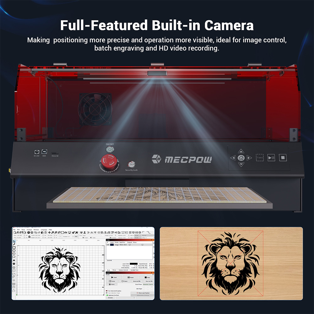 Mecpow X4 Pro 22W Laser Engraver Cutter, with Protective Cover & Integrated Air Assist, 0.08x0.1mm Laser Spot, 22000mm/min Engraving Speed, Emergency Stop, Offline Work, Support LightBurn/ LaserGRBL/ MKSLaser, 410*400mm