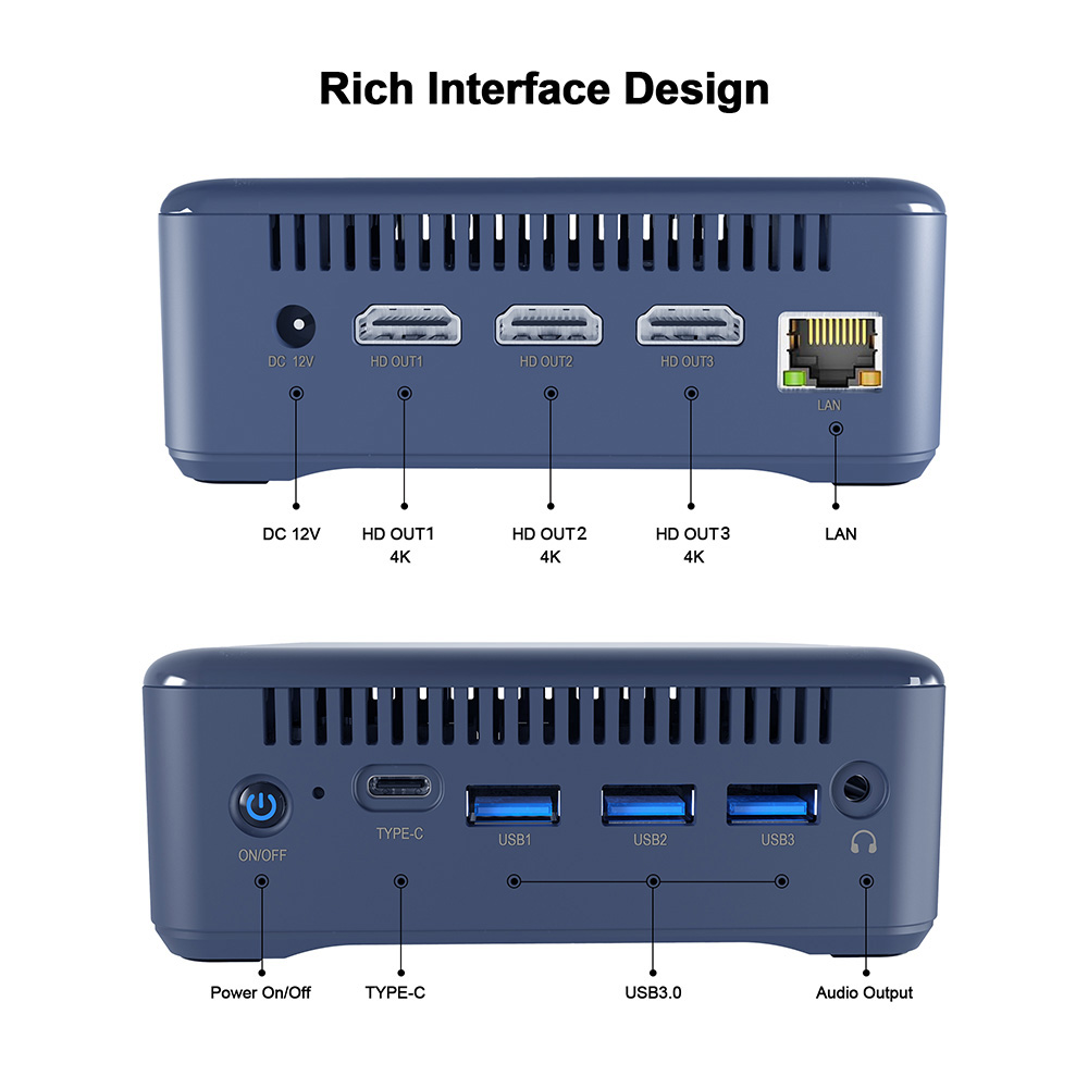 RUPA HSI-100 Mini PC, Intel N100 4 Cores Max 3.4GHz, 8GB RAM 256GB SSD, 3*HDMI 4K 60Hz Triple Screen Display, WiFi 6 Bluetooth 5.2, 3*USB 3.0, 1*Type-C, 1*RJ45, 1* 3.5mm Audio
