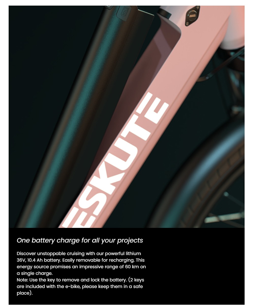 ESKUTE C100 Electric Bike, 250W Motor, 36V 10.4Ah Battery, 26*1.75' Tires, 25km/h Max Speed, 50-60km Range, Mechanical Disc Brakes, SHIMANO 7 Speed - White