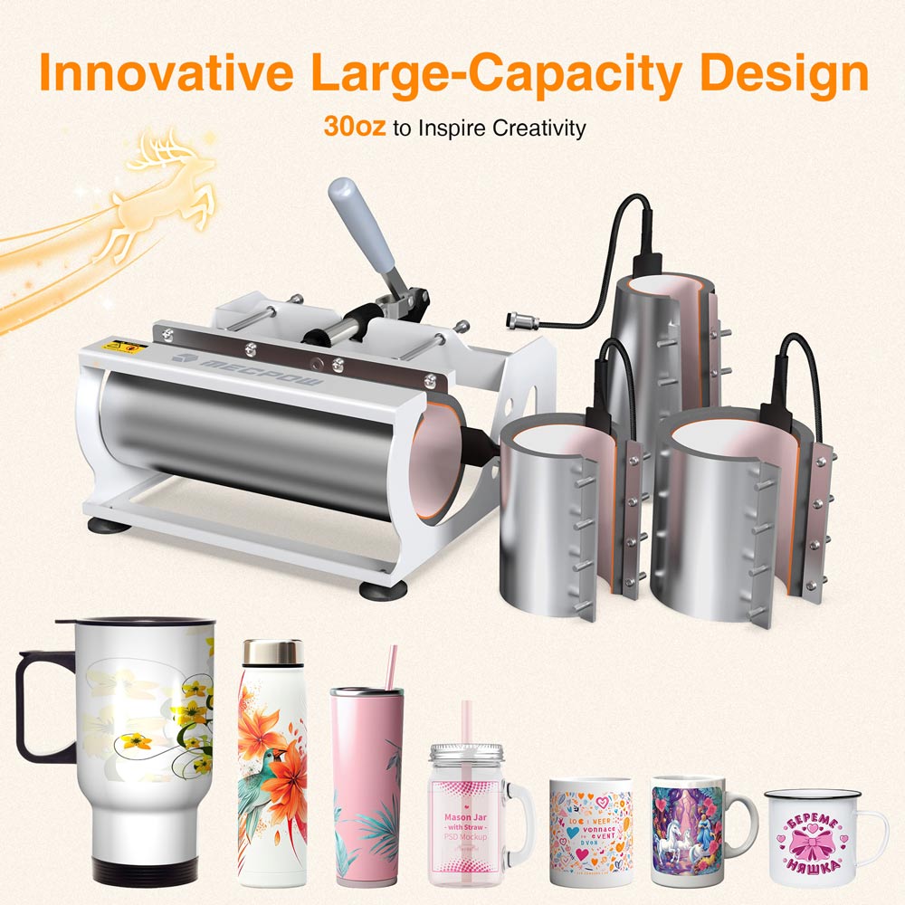 Presse à chaud 8 en 1 Mecpow MP3881, grande capacité de 30 oz, chauffage à double tube, contrôle numérique précis, conception pivotante à 360 ° - Prise UE