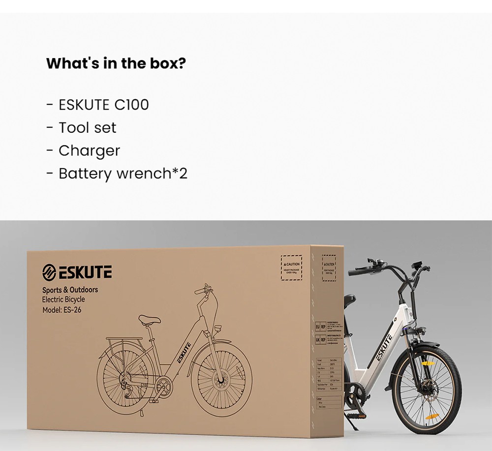 ESKUTE C100 Electric Bike, 250W Motor, 36V 10.4Ah Battery, 26*1.75' Tires, 25km/h Max Speed, 50-60km Range, Mechanical Disc Brakes, SHIMANO 7 Speed - White