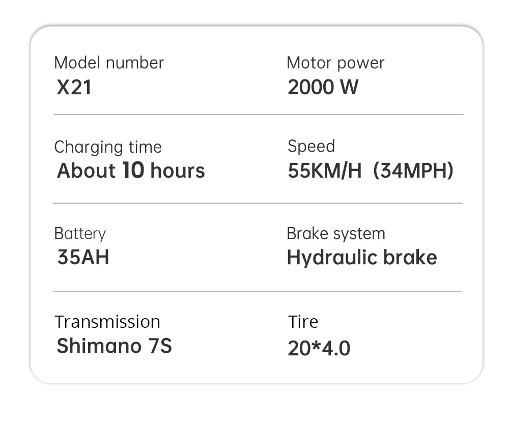 EKXBIKE X21 Elektrofahrrad, 2000-W-Motor, 48-V-35-Ah-Akku, 20 x 4 dicker Reifen, 55 km H&ouml;chstgeschwindigkeit, 150 km maximale Reichweite, hydraulische Bremse, hydraulischer Sto&szlig;d&auml;mpfer, Shimano 7-Gang