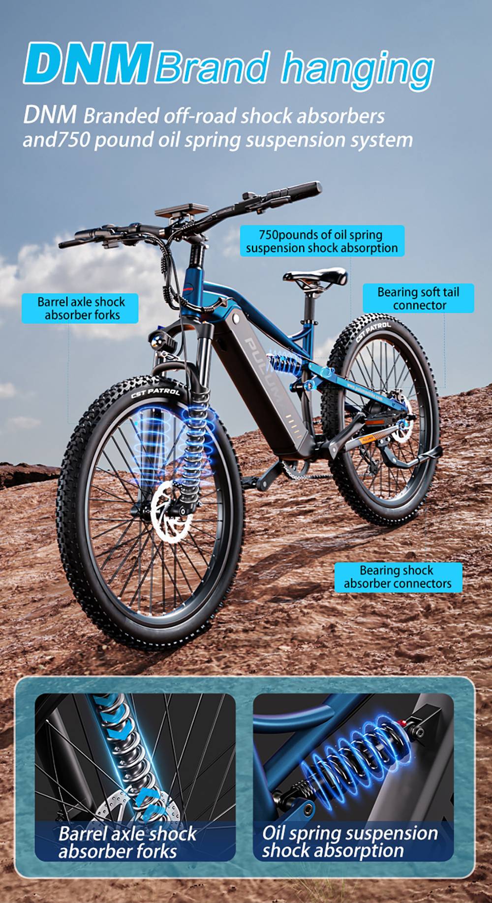PULUMA PH001 Elektrofahrrad, 500W Motor, 48V 20Ah Akku, 27,5 x 2,8 Zoll Reifen, 40 km/h H&ouml;chstgeschwindigkeit, 150 km Reichweite, hydraulische &Ouml;lbremsen, Sto&szlig;d&auml;mpfergabel, 9-Gang-Umwerfer, LCD-Display &ndash; Schwarz Blau