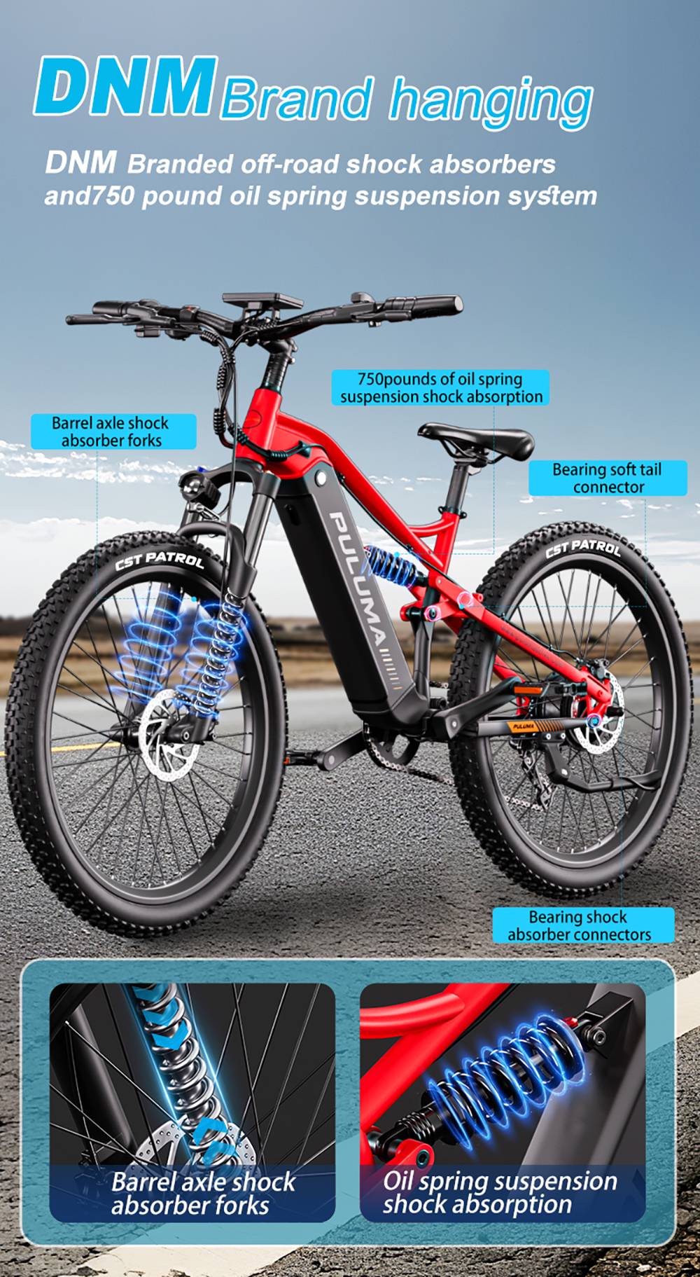 PULUMA PH001 Elektrofahrrad, 500-W-Motor, 48-V-20-Ah-Akku, 27,5 x 2,8-Zoll-Reifen, 40 km/h H&ouml;chstgeschwindigkeit, 150 km Reichweite, hydraulische &Ouml;lbremsen, Sto&szlig;d&auml;mpfergabel, 9-Gang-Umwerfer, LCD-Display &ndash; Schwarz Rot