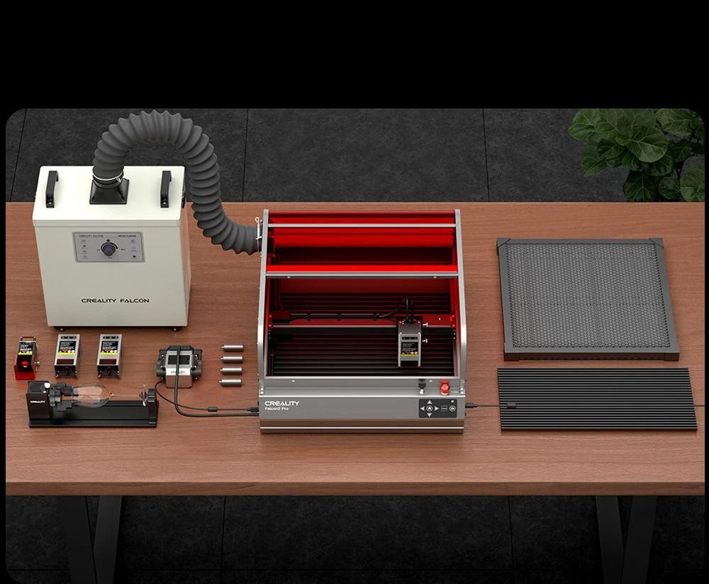 Creality Falcon2 Pro Lasergravierer- und Schneideger&auml;t 40 W, integrierte Luftunterst&uuml;tzung, gew&ouml;lbte sichtbare Abdeckung, eingebaute Kamera, Schubladendesign, Zaun-Schutzstreifen, Feuer-/Luftstrom-/Linsen&uuml;berwachung, 400 x 415 mm