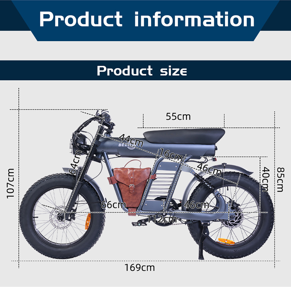 Elektrobicykel BEZIOR XF006, 1200W motor, 48V 23,2Ah batéria, 20*4.0-palcové pneumatiky, max. rýchlosť 47 km/h, dojazd 100 km, hydraulické olejové brzdy, pružinové odpruženie, 7-stupňová prevodovka Shimano, LCD displej