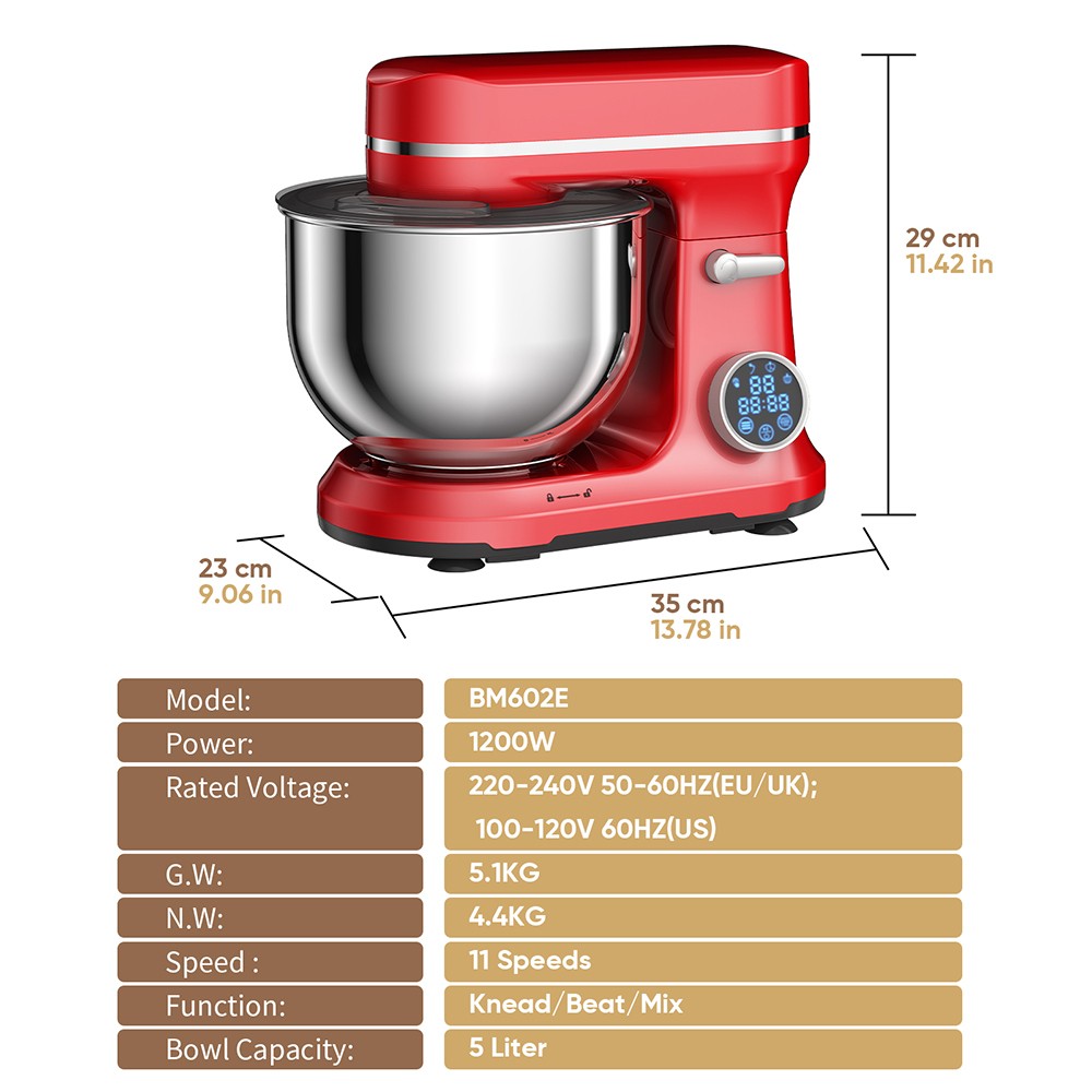 BioloMix BM602E 5L kuchynský stojanový mixér, 1200W jednosmerný motor s 11 rýchlosťami, digitálny OLED displej, nízka hlučnosť, s hákom na cesto, plochým šľahačom a metlou