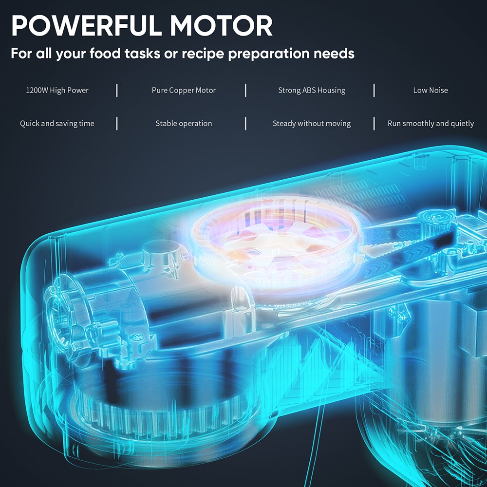 BioloMix BM602E 5L kuchynský stojanový mixér, 1200W jednosmerný motor s 11 rýchlosťami, digitálny OLED displej, nízka hlučnosť, s hákom na cesto, plochým šľahačom a metlou