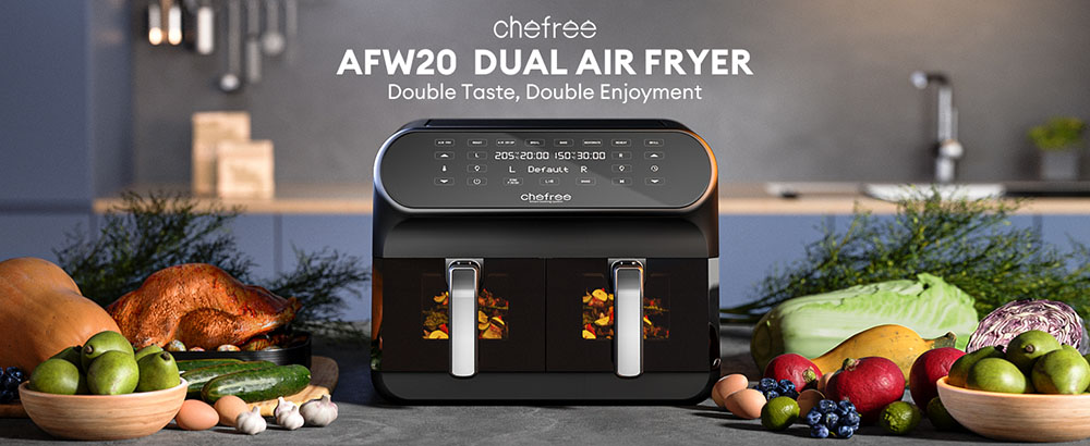 CHEFREE AFW20 Dual Air Fryer, s okienkom na prezeranie, 8 l rodinná veľkosť, nepriľnavý povrch, 8 v 1 inteligentných programov, možnosť umývania v umývačke riadu, pečenie, grilovanie, zapekanie a sušenie