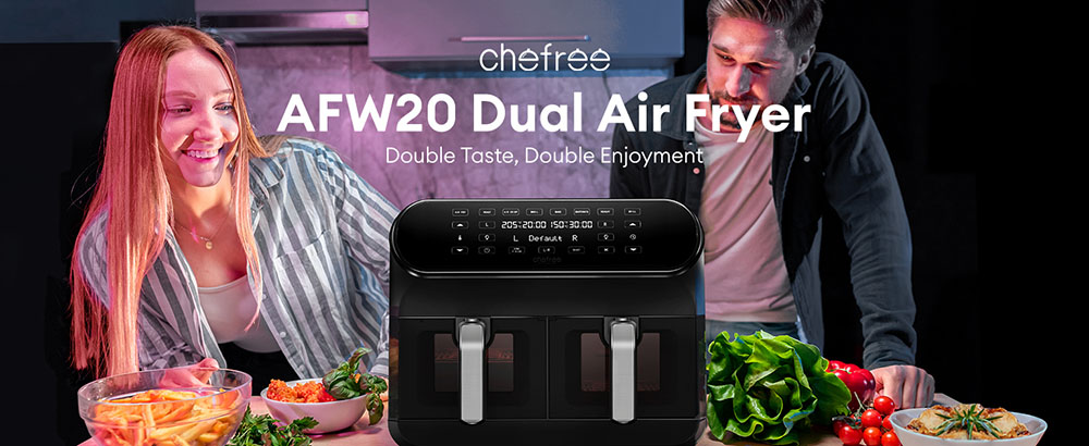 CHEFREE AFW20 Dual Air Fryer, s priezorníkom, 8 l rodinná veľkosť, nepriľnavý povrch, 8 v 1 inteligentných programov, možnosť umývania v umývačke riadu, opekanie, grilovanie, pečenie a sušenie