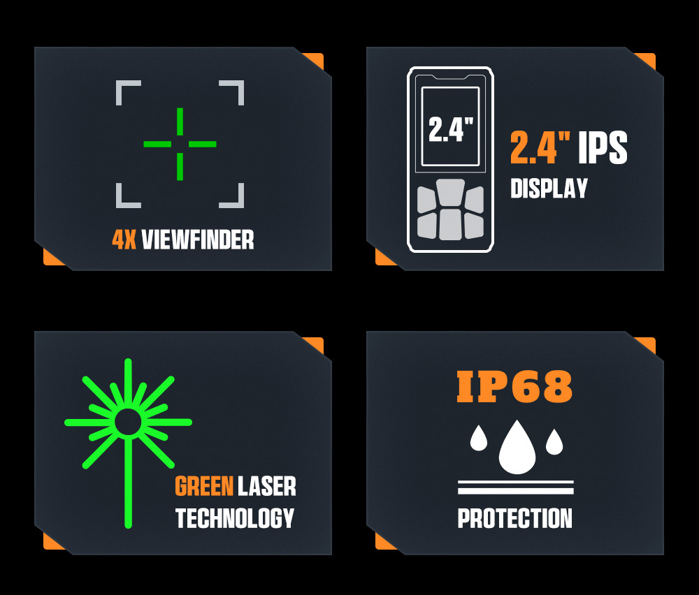 Laserový merací prístroj CIGMAN CD-120G so 4-násobnou kamerou, technológia P2P, IP68, 2.4-palcový displej IPS