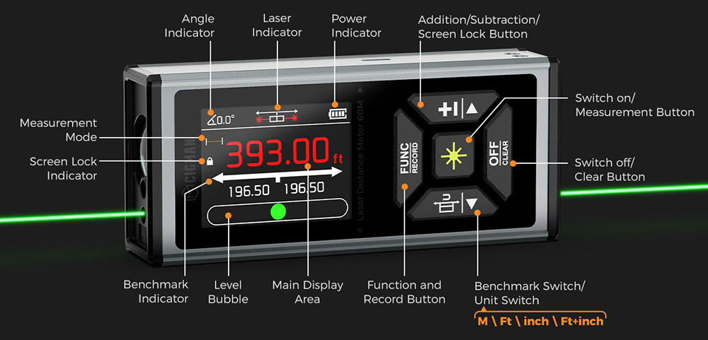 CIGMAN CD-60G 393ft/120M Bilaterálny zelený laserový meter, s viacnásobnými jednotkami Ft/in/M, dobíjateľná batéria 850 mAh