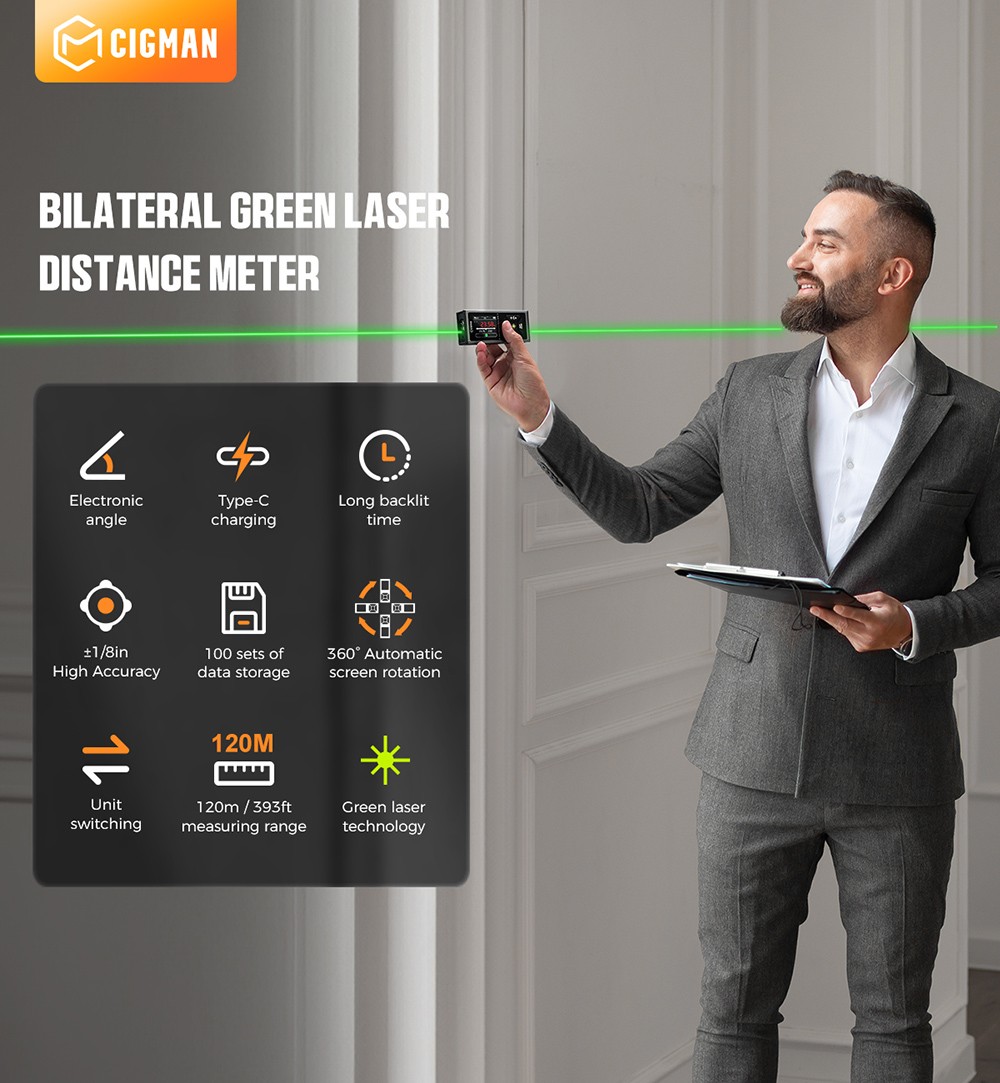 CIGMAN CD-60G 393ft/120M Bilateral Green Laser Measure, with Ft/in/M Multiple Units, Rechargeable 850mAh Battery