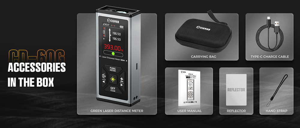 CIGMAN CD-60G 393ft/120M Bilateral Green Laser Measure, with Ft/in/M Multiple Units, Rechargeable 850mAh Battery