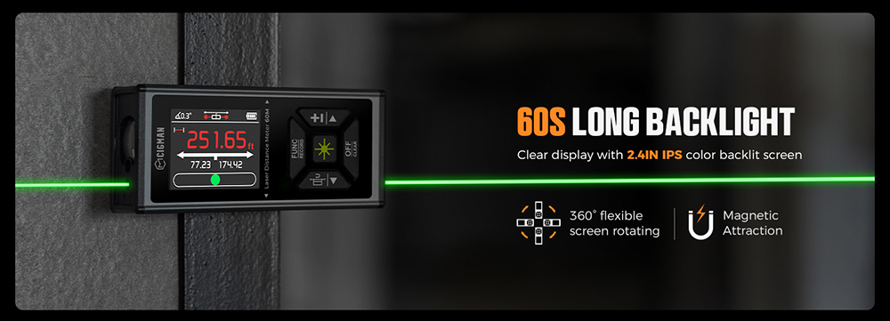 CIGMAN CD-60G 393ft/120M Bilateral Green Laser Measure, with Ft/in/M Multiple Units, Rechargeable 850mAh Battery