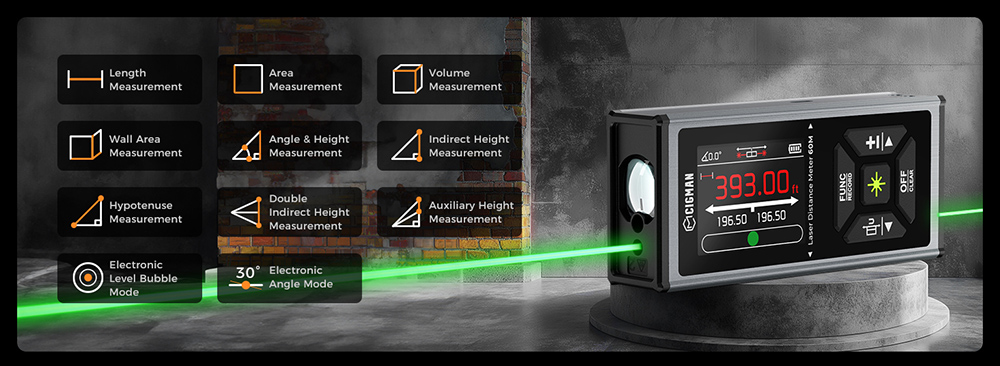 CIGMAN CD-60G 393ft/120M Bilateral Green Laser Measure, with Ft/in/M Multiple Units, Rechargeable 850mAh Battery