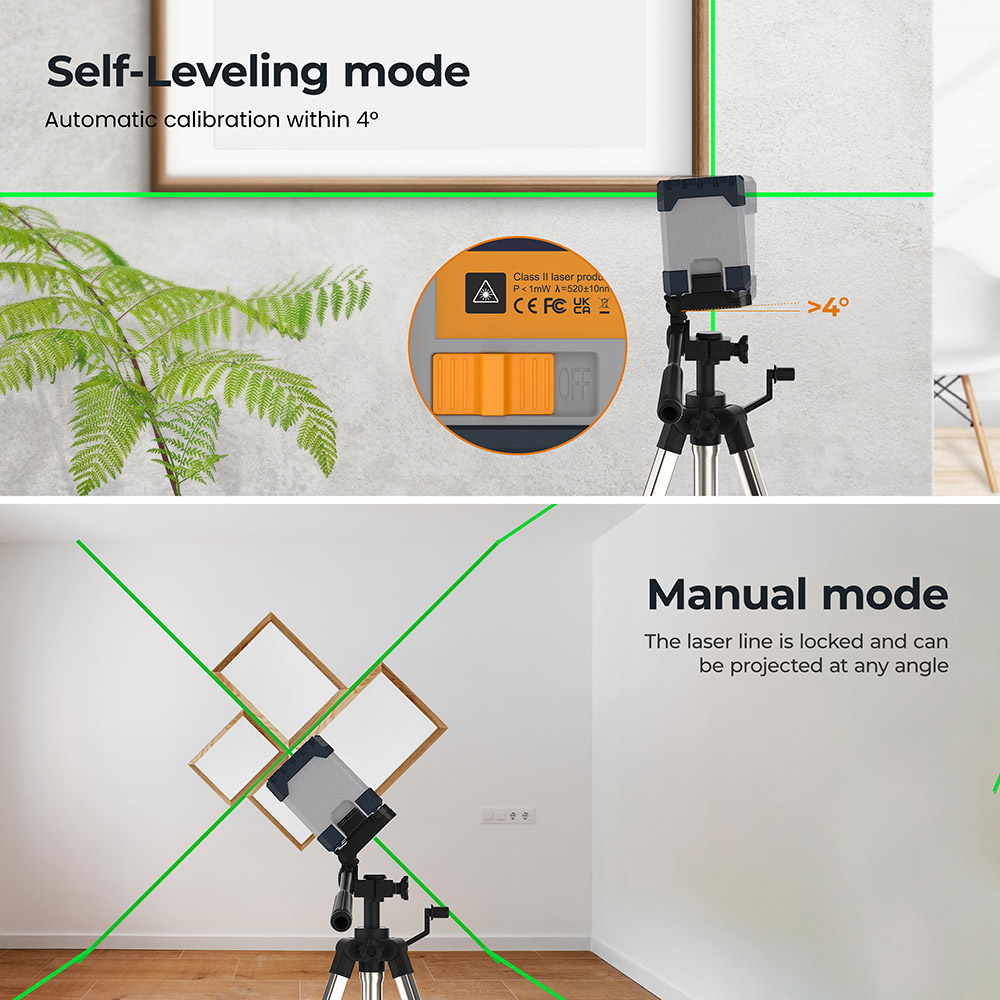 CIGMAN CM-G02A 2 Lines Laser Level, voliteľné laserové čiary, nabíjateľná batéria, viditeľnosť 100 Ft, otočná o 360°