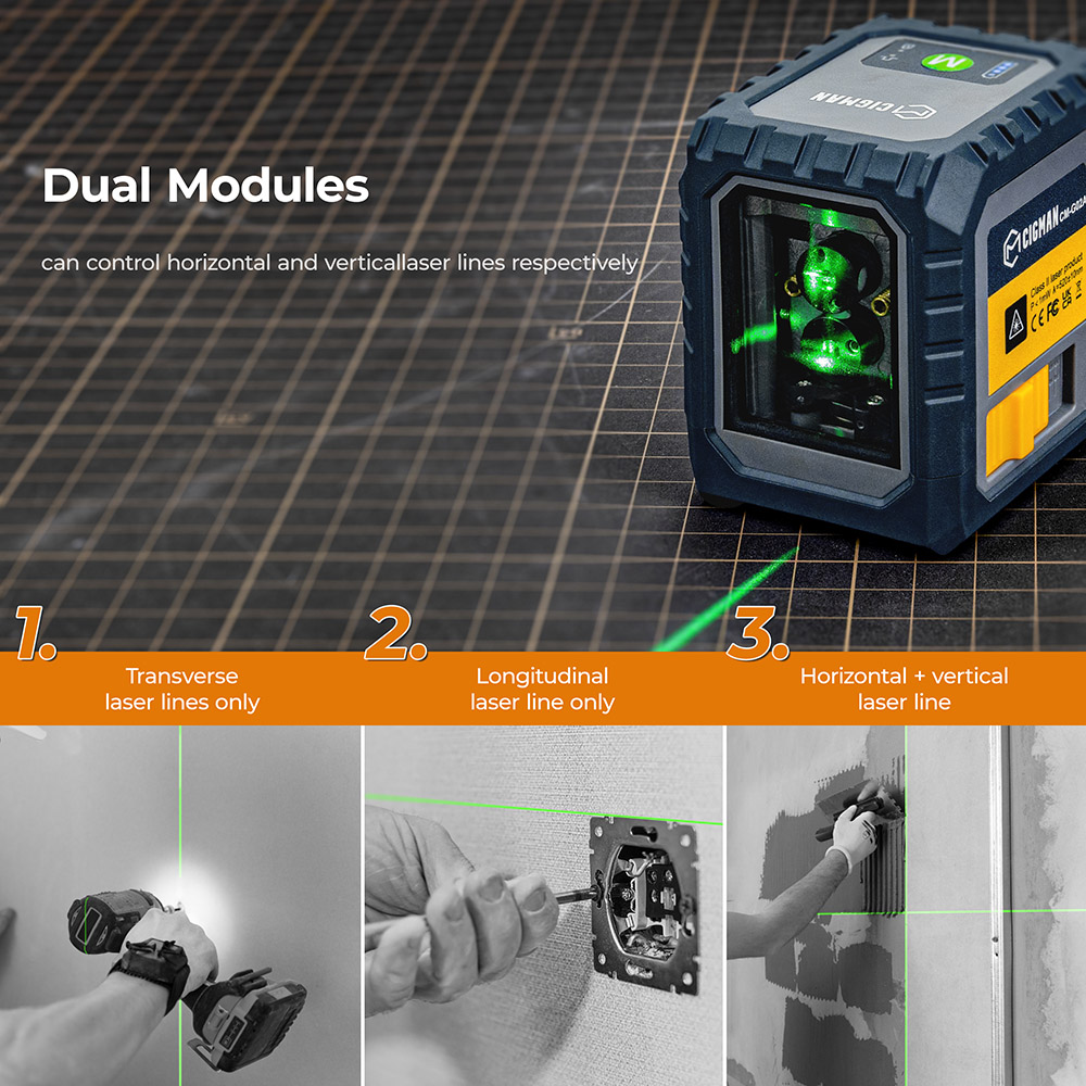 CIGMAN CM-G02A 2 Lines Laser Level, voliteľné laserové čiary, nabíjateľná batéria, viditeľnosť 100 Ft, otočná o 360°