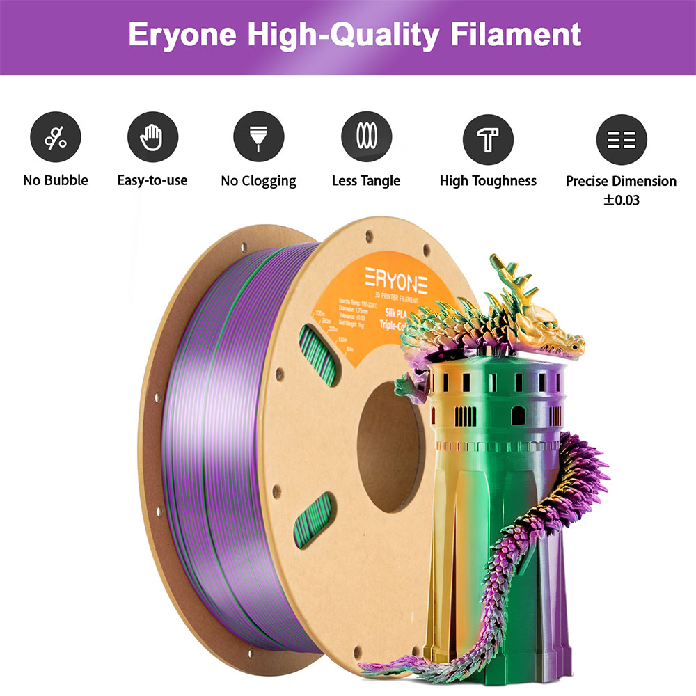 ERYONE Triple-Color Silk PLA Filament - Gold & Green & Purple